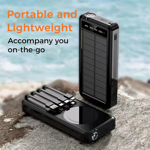 Outdoor Solar Portable Power Bank with Wireless Charging, 10000mAh Battery, IP65 Waterproof