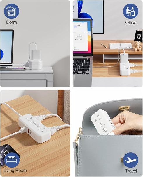 Waksmart PD20W -3 4 3 Flat Plug Power Strip Ft Flat Plug Extension Cord with AC Outlets Quick Charging USB Ports, Flat