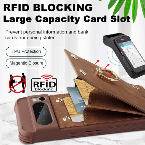Google Pixel 8 Pro 5G Wallet Case with Credit Card Holder,Leather Shockproof Protective Phone Cover Supports 360°Rotation Ring Stand and RFID Blocking for Pixel 8 Pro 5G 6.7 inch,Brown