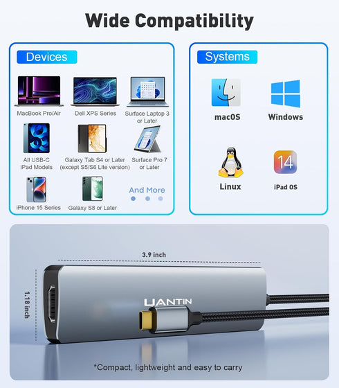 UANTIN 4K 2 3.0, 5 1 USB C Hub Multiport Adapter with HDMI Dongle, SD/TF Card Reader, USB-A in USBC Hub for MacBook Mac