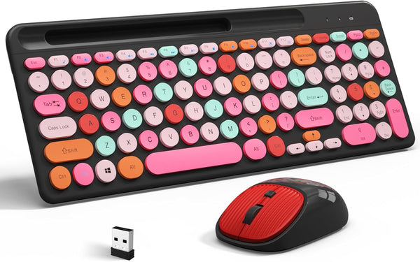 Wireless Keyboard and Mouse Combo, Retro Typewriter Wireless Keyboard with Round Keycaps, 2.4GHz Compact USB Cute