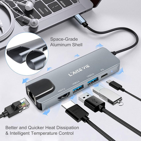USB C Hub, 5 in 1 USB C 4K@32Hz HDMI Adapter with Ethernet Port, 100W Power Delivery for MacBook Pro