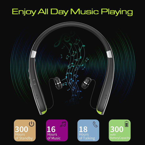 Bluetooth Headset, 2024 Upgraded Neckband Headphones with Retractable Earbuds, Noise Cancelling Stereo Earphones