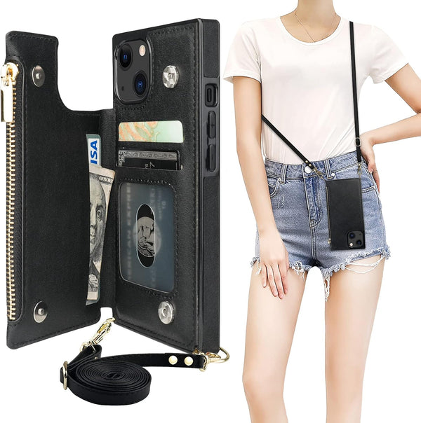 Bocasal Crossbody Wallet Case for iPhone 13, RFID Blocking Card Slot Holder, Magnetic Flip Folio Case, Black (6.1 Inch