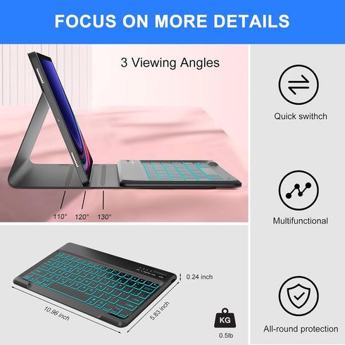 Keyboard Case for Samsung Galaxy Tab S9+ Plus 12.4 inch, 7 Colors Backlit, Magnetic Detachable, Bluetooth Connection,