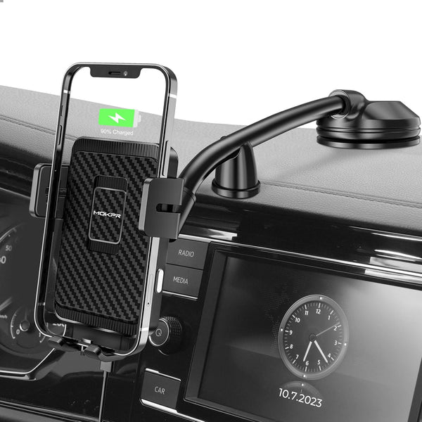 MOKPR Wireless Car Charger, 15W Fast Charging Auto-Clamping Mount, Dashboard Holder for iPhone 15/14/13/12/Samsung