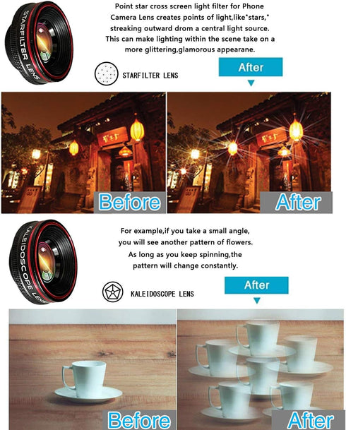 Phone Camera Lens Kit 10 in 1 for iPhone, Samsung, Android, 22X Telephoto, 0.62X Wide Angle, Macro, Black