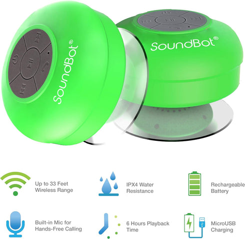 Soundbot SB510 HD Water Resistant Bluetooth Shower Speaker, Portable Speakerphone with Built-in Mic, 6hrs Playtime -