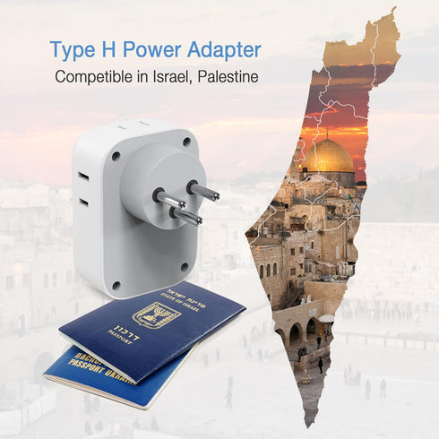 TESSAN Israel Power Adapter, US to Israel Plug Adapter with 4 American Outlets, 3 USB Charger