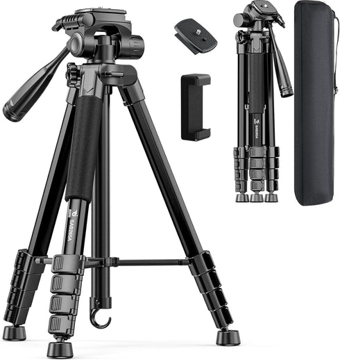 JOBFRI 73" Camera Tripod for Camera and Phone, Aluminum Travel Tripod for iPhone,