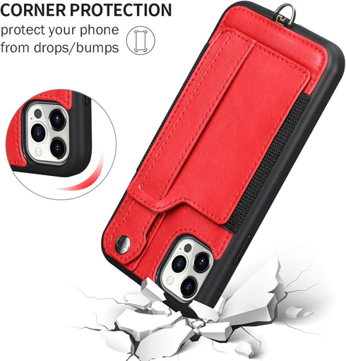 TOOVREN iPhone 12 Pro Max Case for Women and Girls, Card Holder Kickstand Adjustable Lanyard Neck Strap, Red