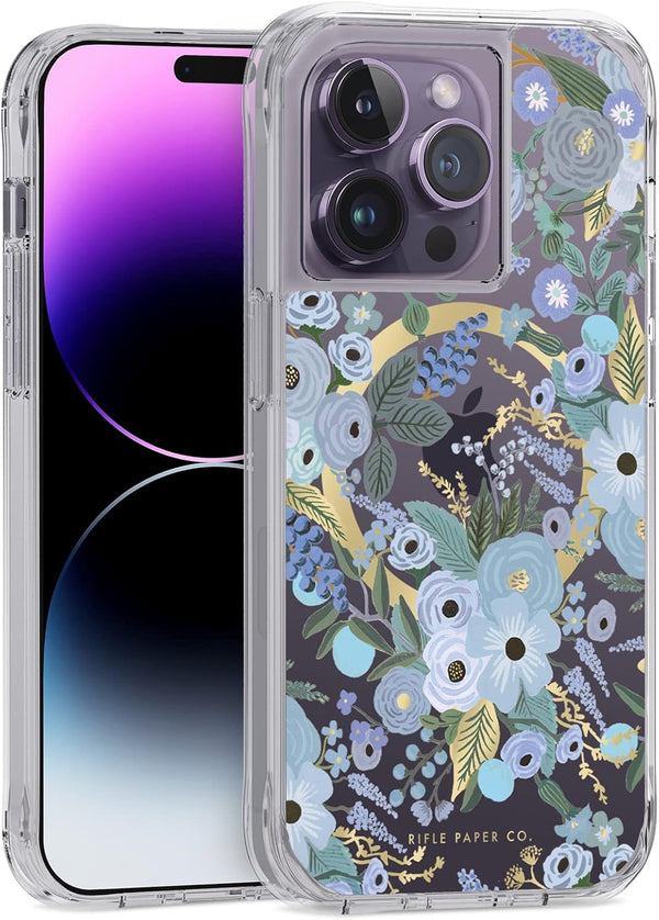 Rifle Paper Co. iPhone 14 Pro Case, Garden Party Blue Floral Pattern, Compatible with MagSafe, 10FT Drop Protection