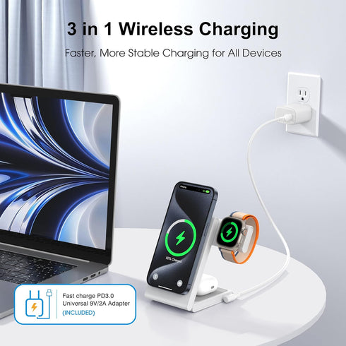 Wireless Charging Station with 20W USB C Adapter, 3 in 1 Magnetic Foldable Travel Charger Stand for iPhone 12 13 14 15
