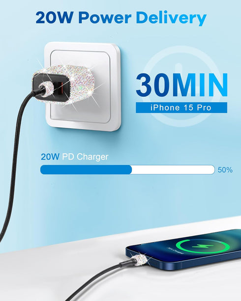 Bling USB C Wall Charger, 20W PD + QC Dual Port Fast Charging Adapter with 3.2FT Type-C Cable for iPhone 15 Pro Max