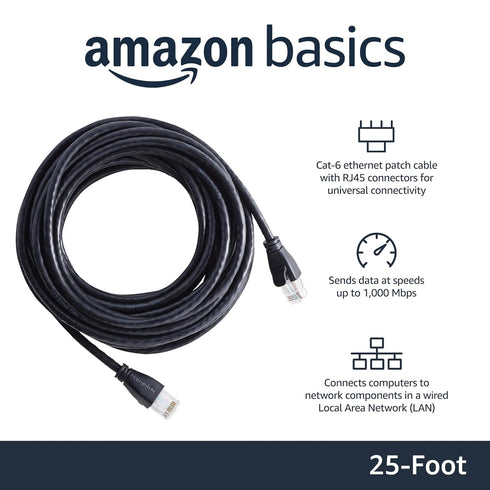 RJ45 Cat-6 1Gbps 25 ft/7.6m, Amazon Basics Ethernet Network Cable for Fast Gaming, Transfer Speed, Gigabit Ethernet