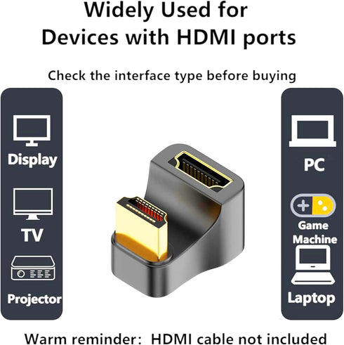 U Shape HDMI 2.1 Adapter Male to Female, Standard HDMI Type A UHD 3D 8K@60Hz 180 Degree Down Angle for Laptop