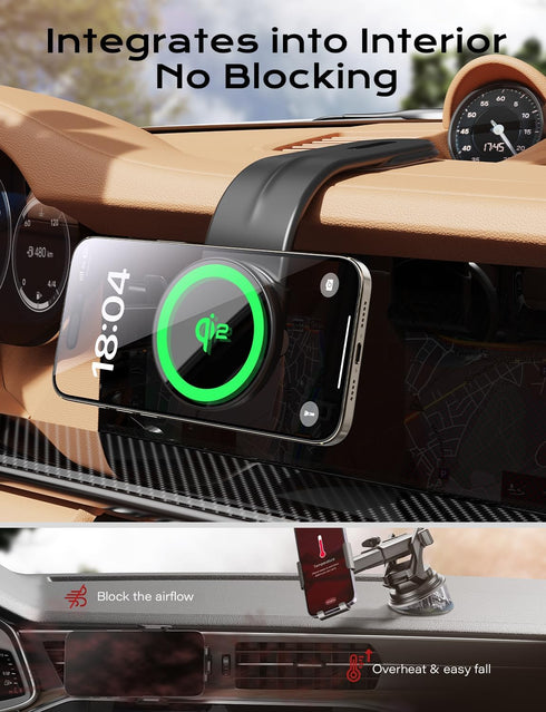 Magsafe Car Mount Charger, Magnetic Phone Holder for Car, 15W Super Fast Charge, Fits iPhone 15/14/13/12 Pro Plus Max