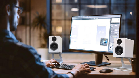 Kanto SE2W Elevated Desktop Speaker Stands for Small Speakers, 3.8” Tall, Supports 7.1 lbs, Pair, White