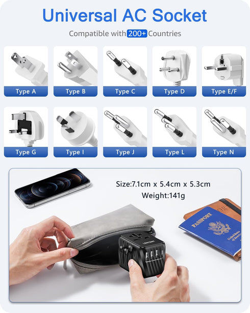 LENCENT Universal Travel Power Adapter, International AC Plug Adaptor with 3 USB A Ports 1 Type C PD Wall Charger Worldwide Travel Essentials for US to EU UK Ireland Australia (Type C/G/A/I) Black