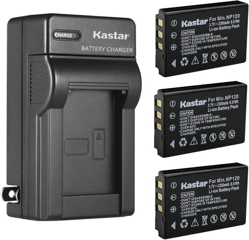 Kastar 3-Pack Q120 Battery and AC Wall Charger for MINOLTA MN35Z, Zoom BT-03, Bell & Howell B35HDZ Camera