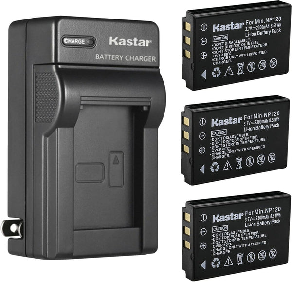 Kastar 3-Pack Q120 Battery and AC Wall Charger for MINOLTA MN35Z, Zoom BT-03, Bell & Howell B35HDZ Camera