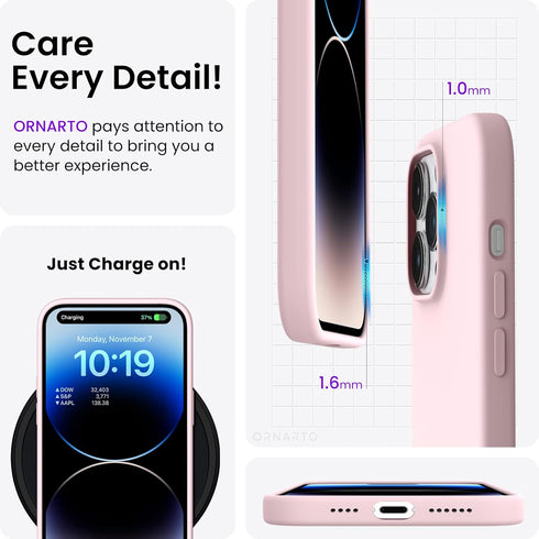 ORNARTO iPhone 14 Pro Max Case 6.7, Slim Liquid Silicone 3 Layers Full Covered Soft Gel Rubber, Chalk Pink