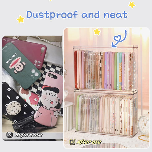 Cell Phone Case Storage Box, Multifunctional Plastic Organizer with Lid for Basic Cases, Clear Storage Holder for Desk,