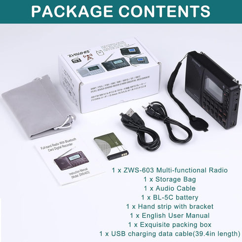 ZHIWHIS Portable Bluetooth Radio, Rechargeable Digital Recorder, FM AM Shortwave, Stereo MP3 Player with Lyric Display