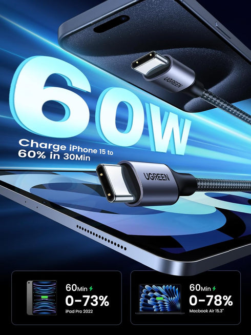 UGREEN USB C to USB C Cable 3.3FT, 60W 2-Pack USB C Cable Nylon Braided Type C Cord for iPhone 15, Galaxy S24/S23/S22, Pixel 8/7, MacBook Air/Pro, Dell XPS, iPad Pro/Mini/Air, Switch, Steam Deck by UGREEN