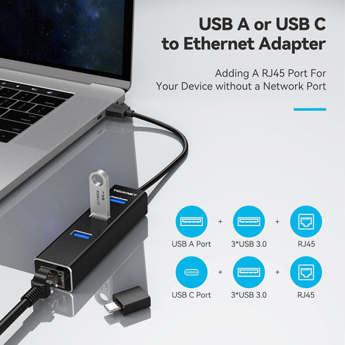 TECKNET USB to Ethernet Adapter, USB C to Ethernet, Aluminum 3 Port USB 3.0 Hub with RJ45 10/100/1000 Gigabit Ethernet Adapter Converter LAN Wired, USB Network Adapter with USB C for Laptop