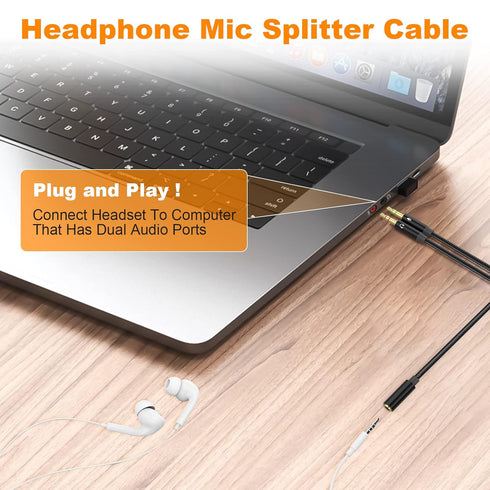 Headphone Splitter Mic Cable, 3.5mm Female to Dual Male Audio Splitter Cord, 46inch, Black