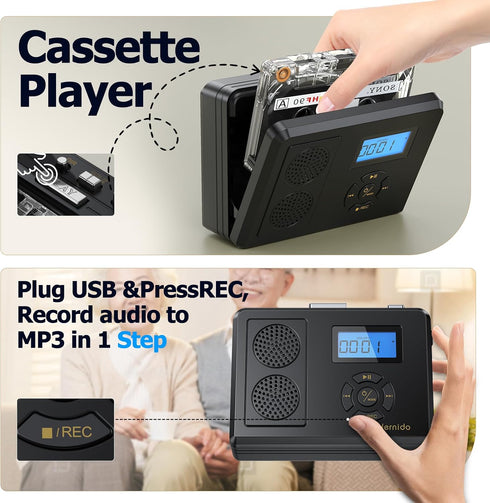 Hernido Cassette Player/MP3 Portable Tape Player, FM Radio/USB Digital Converter, Built-in Dual Stereo Speaker