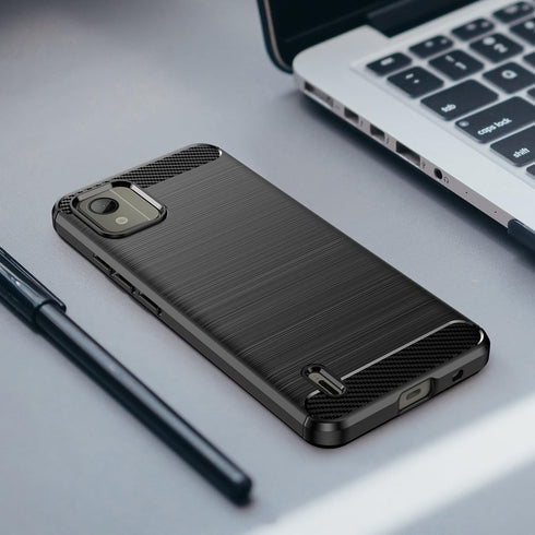 Shockproof Carbon Fiber Jacket Phone Case for Nokia C110, Scratch Resistant Soft TPU, Black