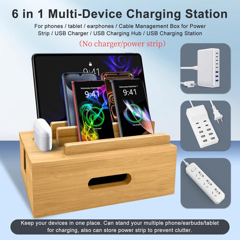 Osmudax Bamboo Charging Station for Multiple Devices, Cable Management Box for Power Strip, USB Charger & USB Charging