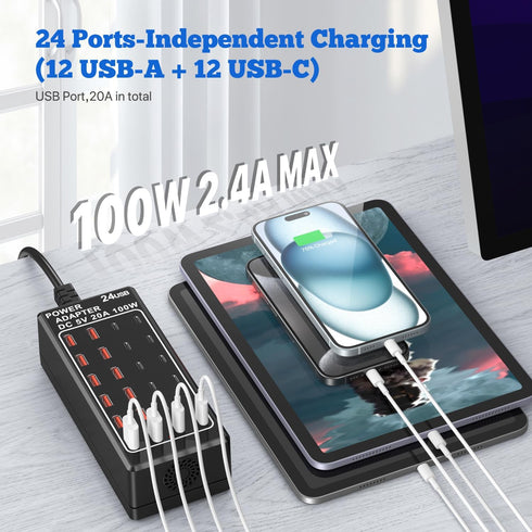 USB Charger Block 100W (20A), 24 Port Multiple USB Charger Station, Desktop USB Wall Charger for Apple & Samsung