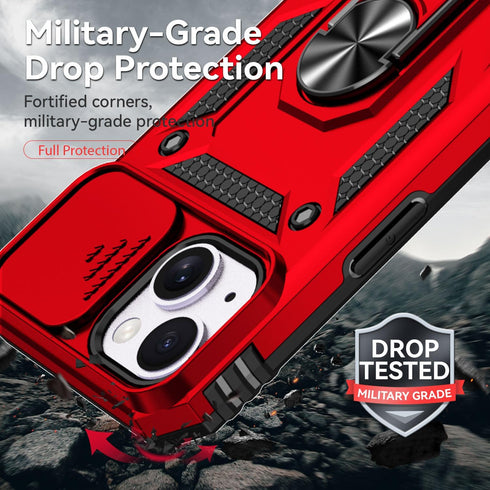 SunStory iPhone 14 Plus Case - with HD Screen Protector & Slide Camera Cover & Rotated Ring Kickstand - Red