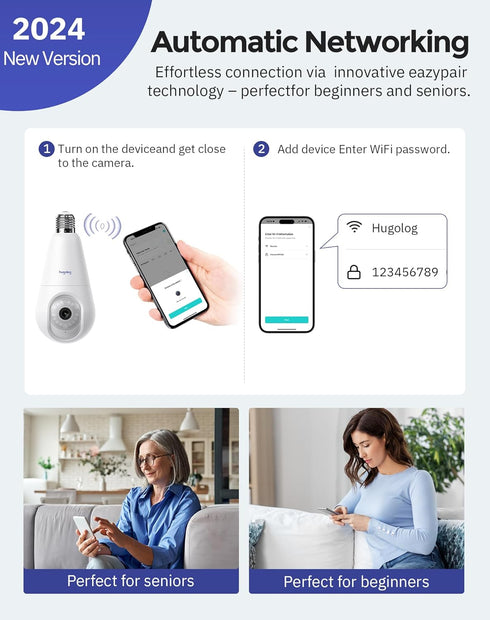 Hugolog 2K Wireless Security Cameras, 2.4GHz Indoor/Outdoor with AI Motion Detection, Color Night Vision, 360° Auto