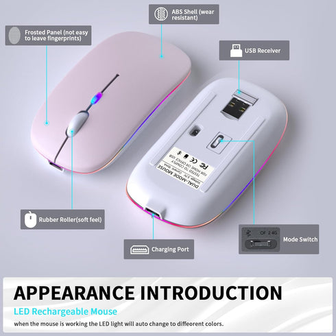 Wireless Bluetooth Mouse, Rechargeable LED Dual Mode Mouse (Bluetooth 5.2 and USB Receiver) for Laptop/Desktop