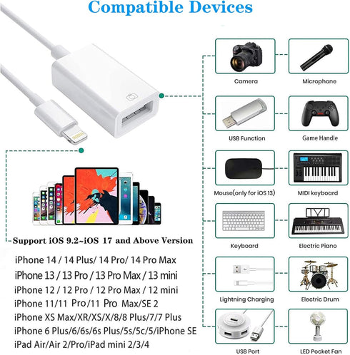 Lightning to USB Camera Adapter, USB 3.0 OTG Cable for iPhone 14 13 12 11 XS XR X SE 8 7 6 5 iPad/iPod to Connect Card