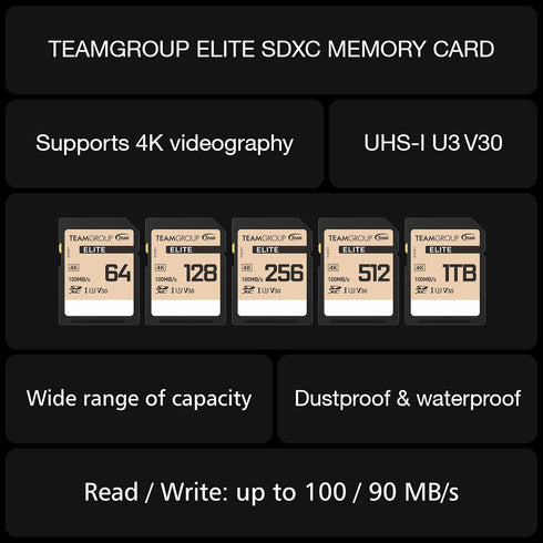 TEAMGROUP Elite 128GB UHS-I U3 V30 UHD SDXC Memory Card, High Speed 4K Compatible with Canon Sony Nikon