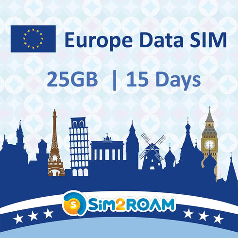 SIM2ROAM Europe Data ONLY SIM Card 15Days | 25GB of 5G/4G LTE High
