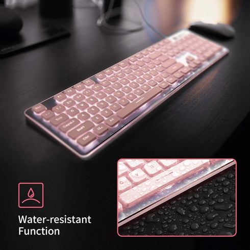 LANGTU Computer Keyboard, Backlit LED Pink Keyboard for Office, All-Metal Panel USB Wired Membrane Keyboard, 25 Keys