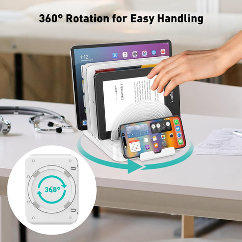 Vertical Laptop Stand for Desk, Adjustable Multi-Device Organizer, 6 in 1 with 360° Rotating Base, White