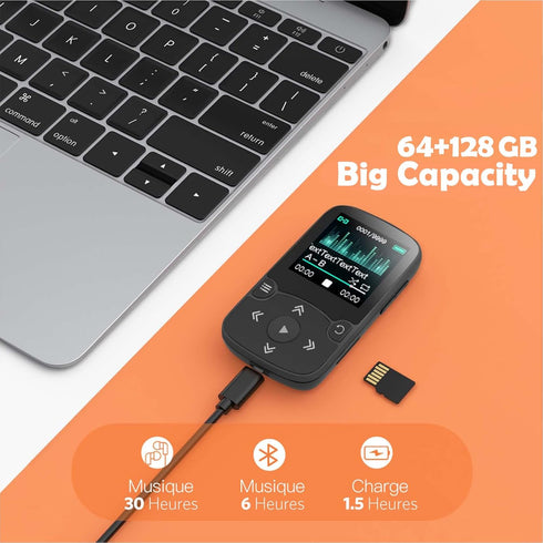 AGPTEK 64GB MP3 A65 5.3 128GB Player with Clip, Bluetooth Lossless Sound with FM Radio, Voice Recorder for Sport