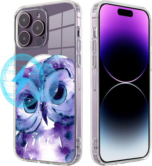 iPhone 13 Clear TPU Case with Purple Owl Pattern, MagSafe Compatible, Magnetic Wireless Charging, 6.1 inch.