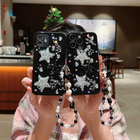 Cute 3D Bling Glitter Case for iPhone 11, White Black Stars with Pearl Bracelet Chain Design