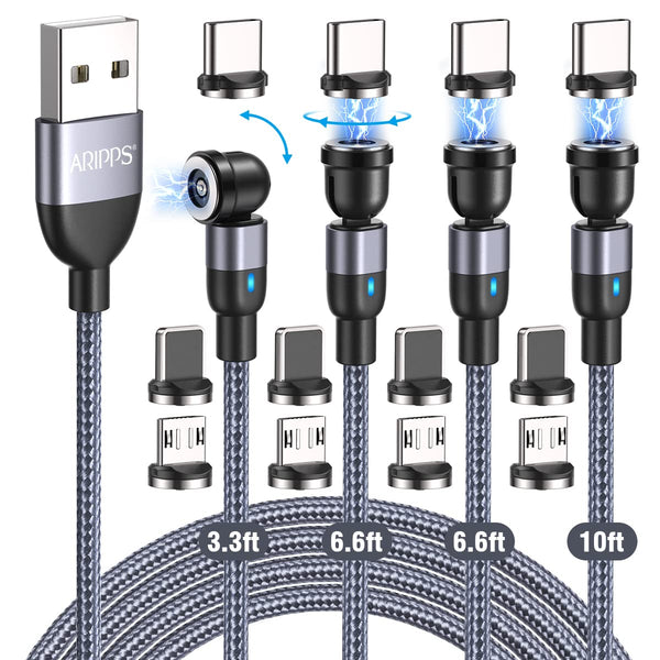 4 Pack Magnetic Charging Cable (3.3ft/6.6ft/6.6ft/10ft) - 540 Rotating, 3-in-1 Nylon Braided for Micro, Type C,