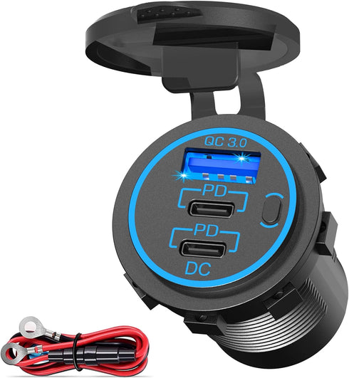 USB C Car Charger Socket, 58W Dual 20W PD3.0 USB-C and 18W QC3.0 Car USB Port with Power Switch