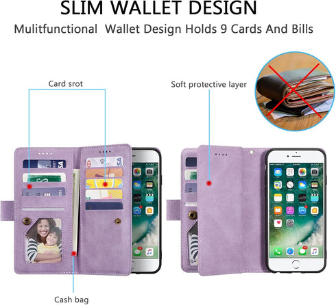 UEEBAI Wallet Case for iPhone SE 2022 5G/7/8, Retro Zipper Pocket Handbag with 9 Card Slots - Glitter Purple