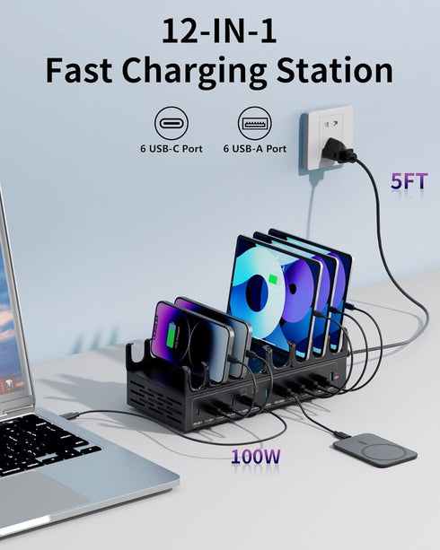 Dywcdnice 600W 12-Port 100W Charging Station for Multiple Devices, USB C Charging Station with Dual PD PPS, Multi